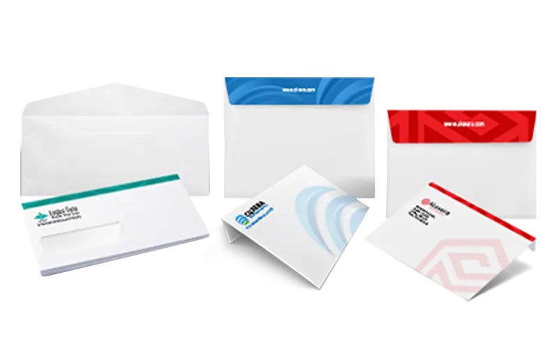 Customized envelope printing services in Dubai, featuring high-quality prints with clear logos and vibrant colors.