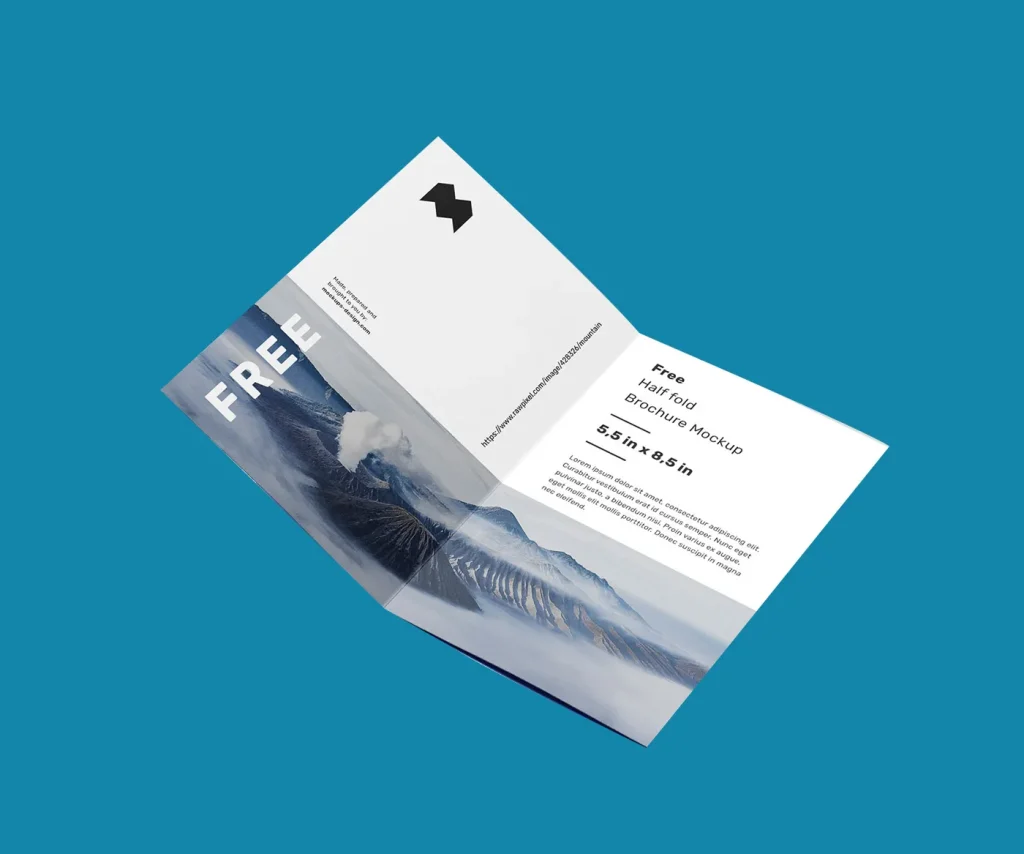 A high-quality half-fold brochure printing service displaying a sleek, well-organized layout with vivid colors.