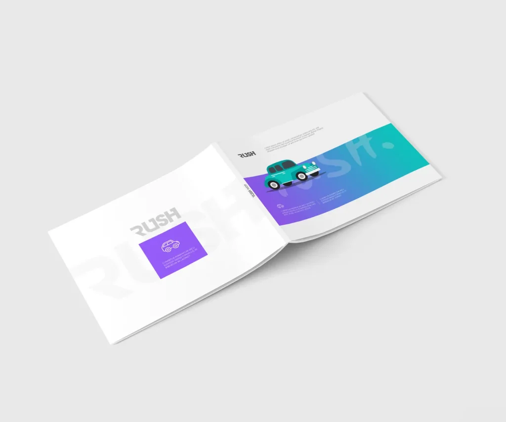 A professional landscape brochure printing service in Dubai featuring high-quality, full-color brochures with a unique horizontal layout.