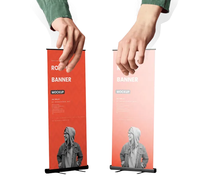 A roll-up banner showcasing detailed graphics and high-quality print, ready for pickup at a local printing service.