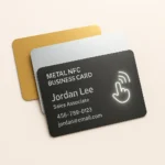 Metal NFC Business Card in silver, black, and gold with laser engraving