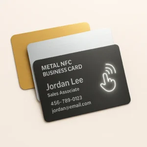 Metal NFC Business Card in silver, black, and gold with laser engraving
